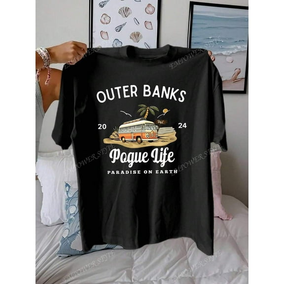 Outer Bank Graphic Print Casual Round Neck Short Sleeve Minimalist T-Shirt, Daily Casual Wear