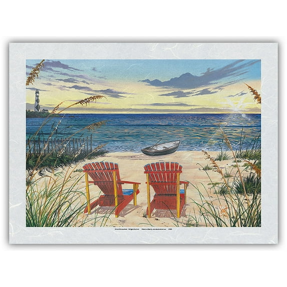 Outer Bank Sunrise - Beach Chairs & Sunset Ocean View - From an Original Color Painting by Scott Westmoreland - Japanese Unryu Rice Paper Art Print (Unframed) 12 x 16 in