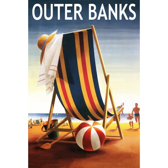 Art.com Outer Banks, North Carolina - Beach Chair and Ball Art Print by Lantern Press, 16" x 24"