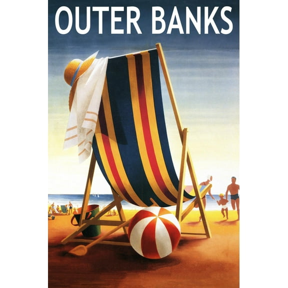 Art.com Outer Banks, North Carolina - Beach Chair and Ball Art Print by Lantern Press, 24" x 36"