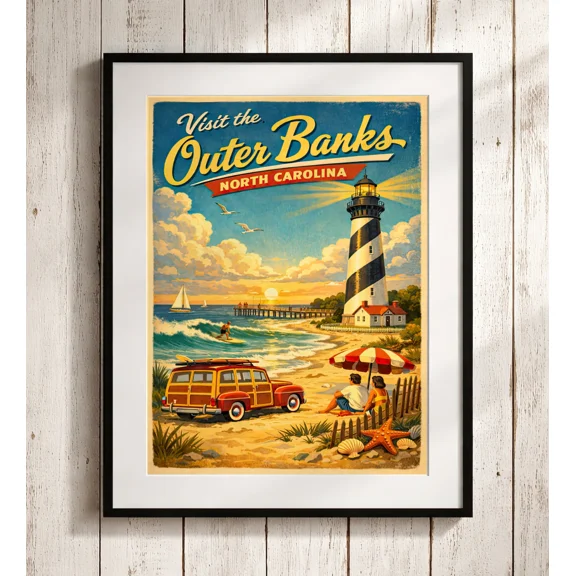 Outer Banks North Carolina Poster Vintage Coastal Lighthouse Beach Art Home Decor Office Wall Art