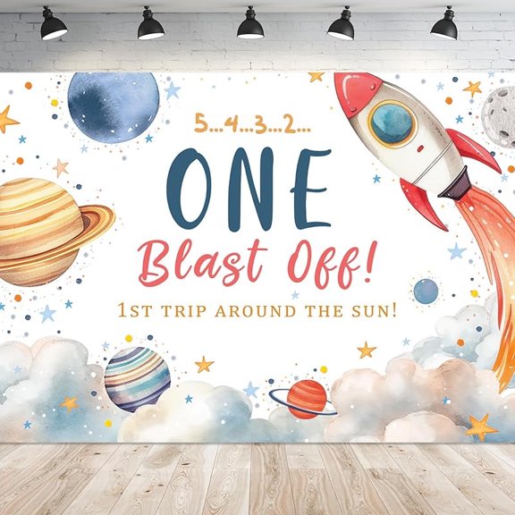 Outer Space 1st Birthday Backdrop Photography One Blast Off Rocket Ship Cartoon Planet Stars Galaxy Universe Background Baby Boy Party Decorations Banner Photo Booth Props Supplies