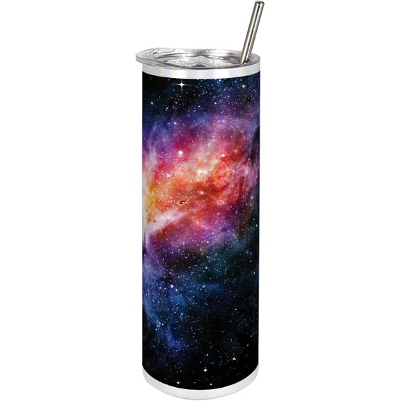 Outer Space 20 Oz Skinny Tumbler, Deep in Starry Outer Space Nebula and Galaxy in the Universe Celestial Print, Leak-Proof Straw Lid and Brush Vacuum Insulated for Outdoor Use, Black Pink