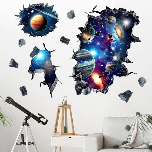 Outer Space 3D Broken Wall Decals Stickers, Universe Galaxy Planets Stars Nursery Decorations Kids Bedroom Art, Solar System Baby Boys Children Toddlers Playroom Home Decor