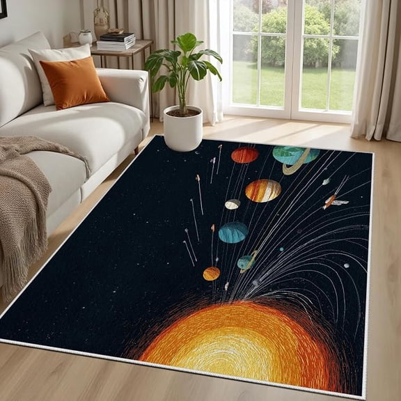 Outer Space Adventure Rugs, Galaxy Solar System Area Rug, Soft Non Slip Washable Kids Educational Carpet for Playroom Living Room Nursery Room, Navy Blue 3x4ft