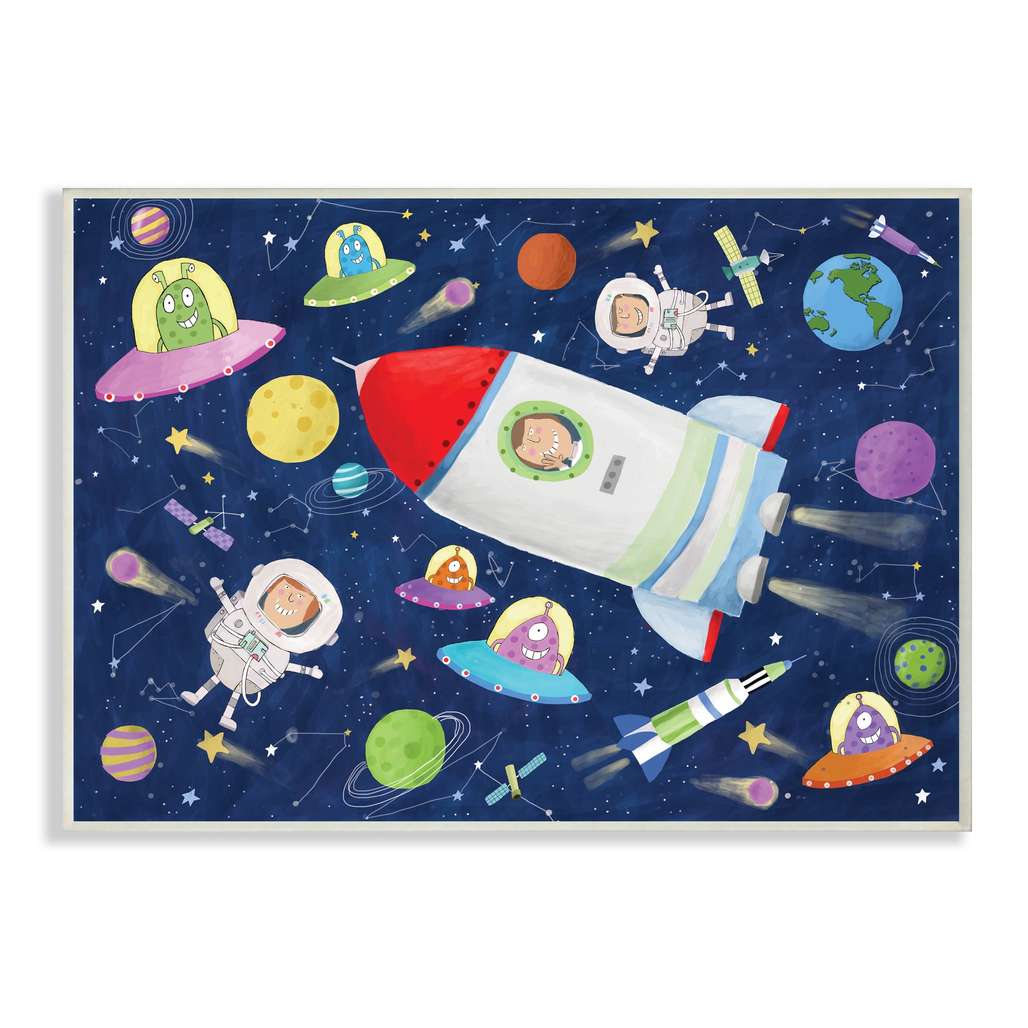 Stupell Industries Outer Space Alien Adventure Astronaut Rocketship,13 x 19,Designed by Carla Daly