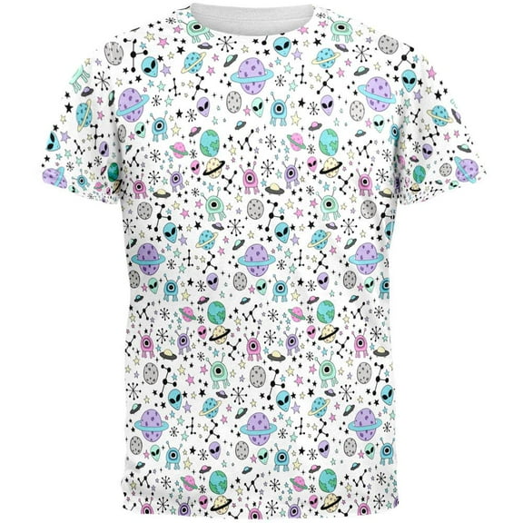 Outer Space Aliens Pattern All Over Mens T Shirt Multi 2XL