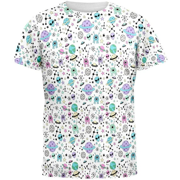 Outer Space Aliens Pattern All Over Mens T Shirt Multi 2XL