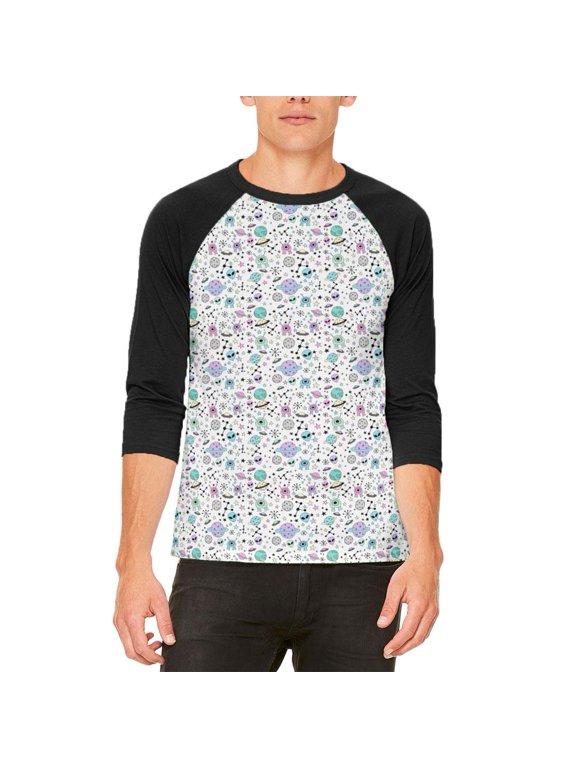 Outer Space Aliens Pattern Mens Raglan T Shirt White-Black SM