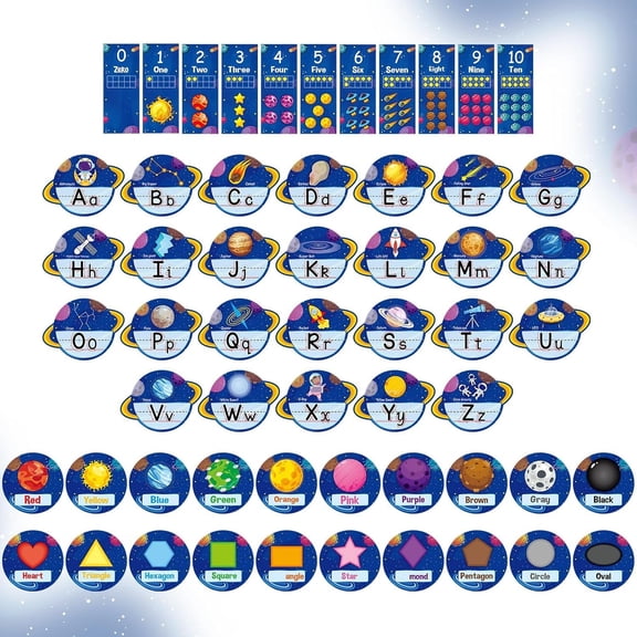 Outer Space Alphabet Number for Classroom Wall Space Bulletin Board Manuscript Educational Cards Galaxy ABC Letters Numbers Shapes Colors Poster for  Elementary Early Learning Decor