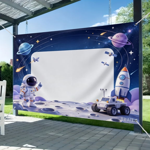 Outer Space Astronaut Backdrop, Rocket Planet Moon Rover Starry Sky Universe Photography Background for Kids Space Themed Birthday Party Baby Shower Photo Booth Banner