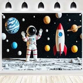Outer Space Astronaut Rocket Planet Photography Backdrop, Moon Surface Galaxy Scene Photo Background for Boys Space Theme Birthday Decor 3x5ft