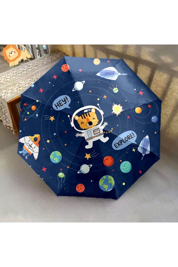 Outer Space Astronaut Tiger Print Automatic Folding Umbrella, Portable 8-Rib Windproof Rain Umbrella for Outdoor, Travel, and Daily Use