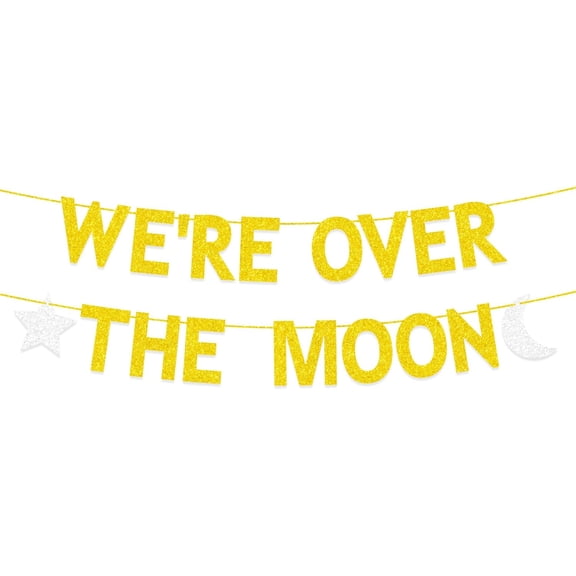 Outer Space Baby Shower Gender Reveal Birthday Party Decoration for Boys Girls, Gold Glitter We're Over the Moon Banner, Love You to the Moon and Back Wedding Bridal Shower Anniversary