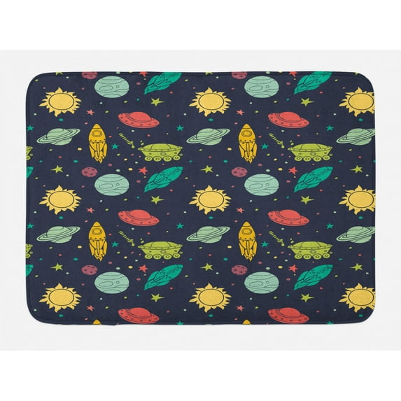Outer Space Bath Mat, Galaxy Themed Image with Stars Planets Spacecrafts and Rockets, Plush Bathroom Decor Mat with Non Slip Backing, 29.5" X 17.5", Multicolor, by Ambesonne