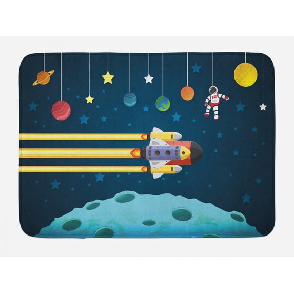 Outer Space Bath Mat, Rocket Ship Flying over the Moon with an Astronaut and Planets, Plush Bathroom Decor Mat with Non Slip Backing, 29.5" X 17.5", Dark Teal and Multicolor, by Ambesonne