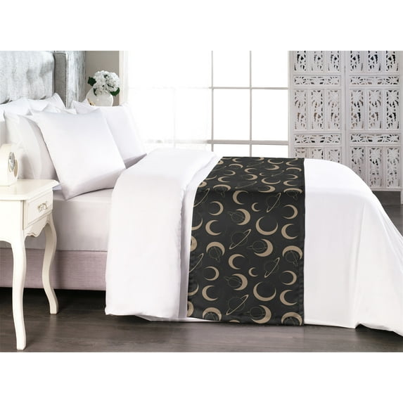 Outer Space Bed Runner, Crescent and Rings of Saturn Galaxy Retro Astro Abstract Artwork, Decorative Accent Bedding Scarf for Hotels Homes & Guest Rooms, King, Pale Taupe and Dark Grey, by Ambesonne