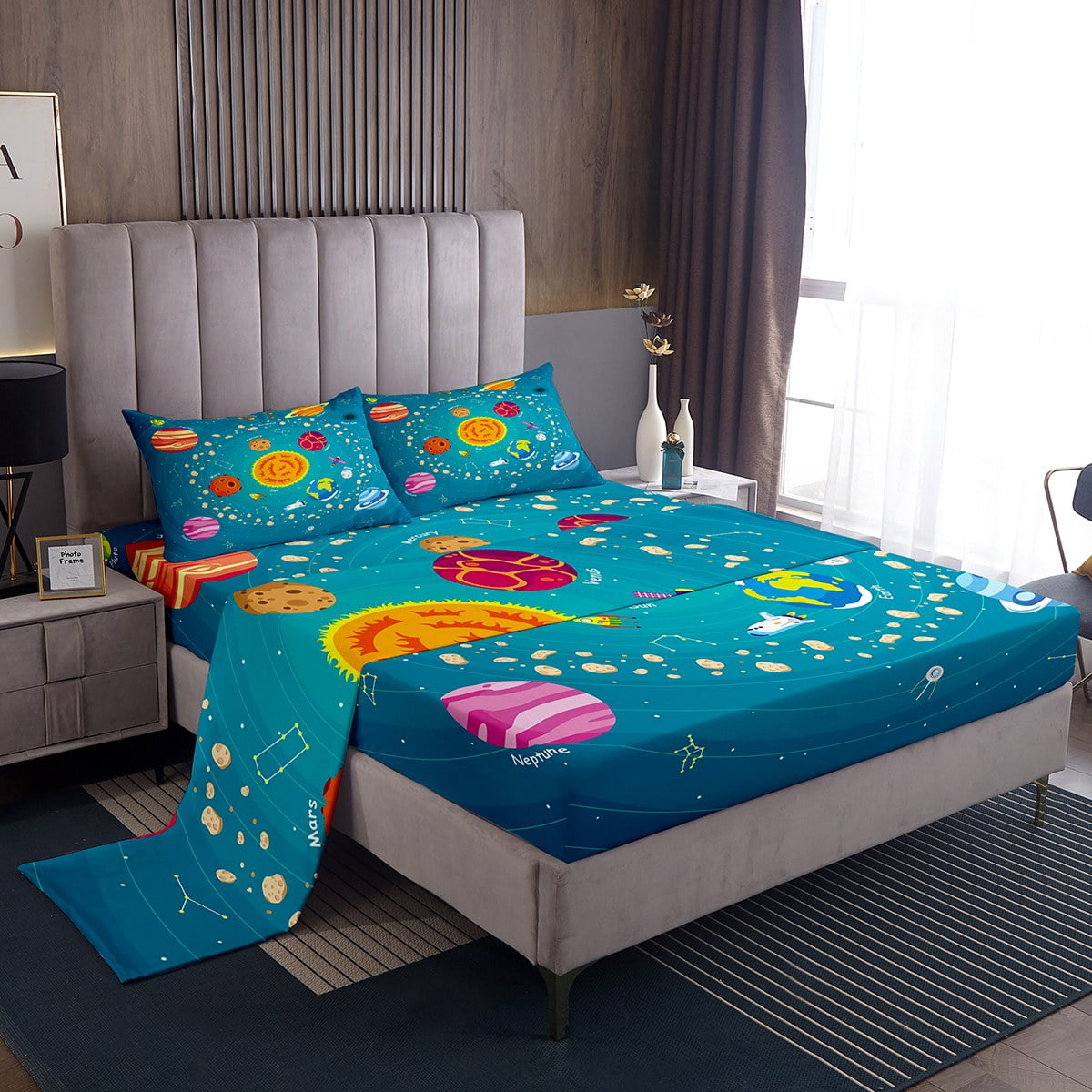 Outer Space Bed Sheets Set Full Size Kids Cartoon Galaxy Sheet Set for Boys Teens Girls,Universe