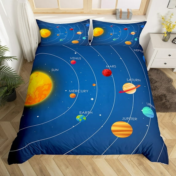 Outer Space Bedding Queen Size Solar System Duvet Cover Teens Universe Themed Bedroom Decor Comforter Cover Blue Galaxy Planet Print Bedding Space Theme Bedspread Cover
