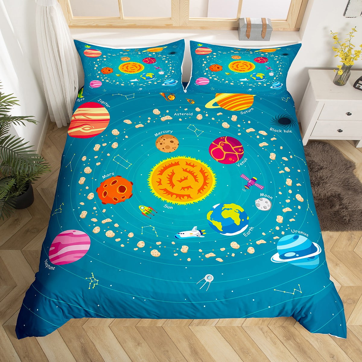 Outer Space Bedding Set King Size Kids Cartoon Galaxy Duvet Cover for