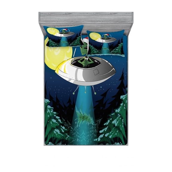 Outer Space Bedding Set with Sheet & Covers, Alien Santa Claus Hat Kidnaps a Tree with Ornaments Night Airship Print, Printed Bedroom Decor 2 Shams, 4 Sizes, Green Blue, by Ambesonne