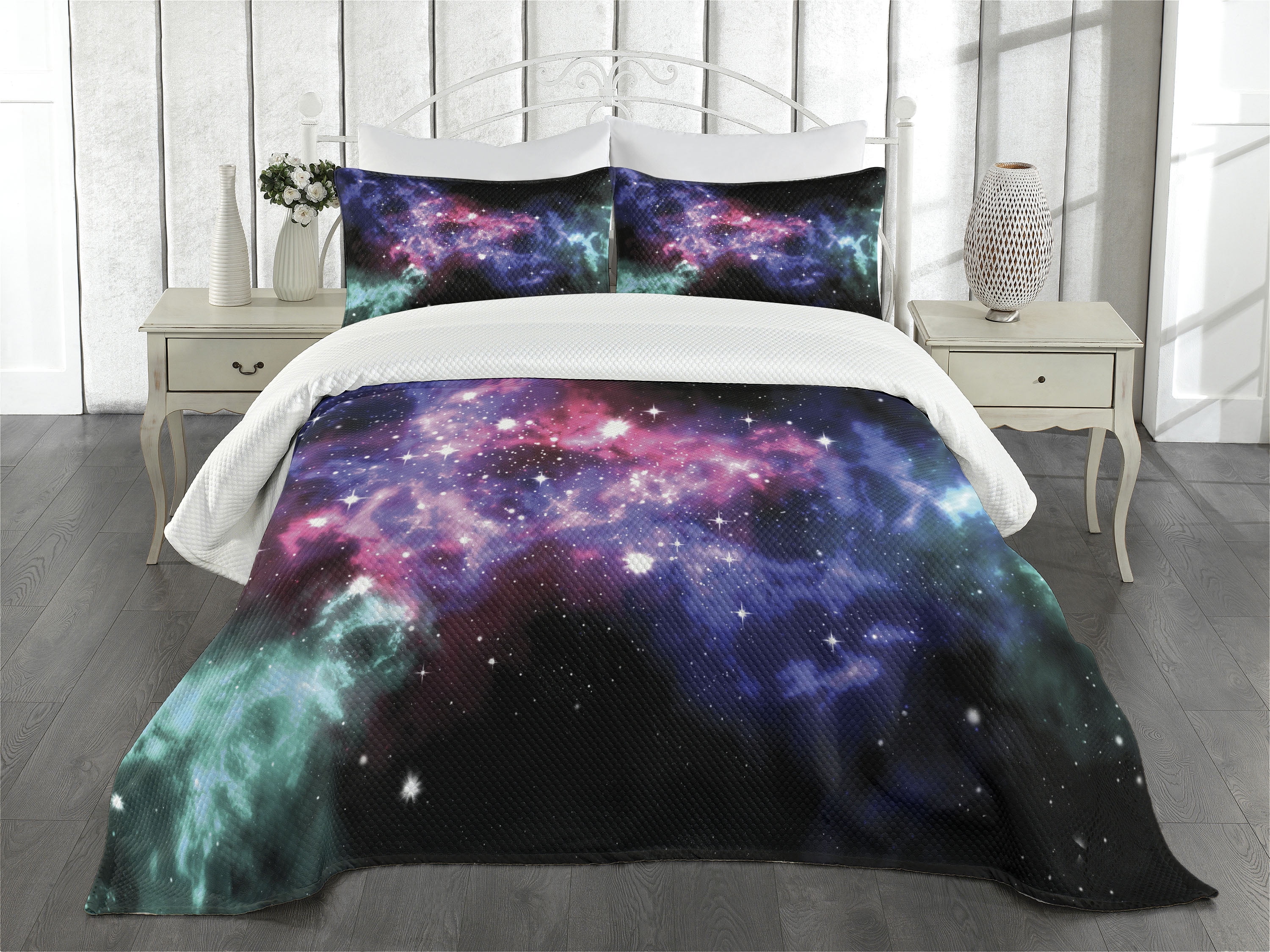 Outer Space Bedspread Set Queen Size, Stars and Dusty Gas Cloud in