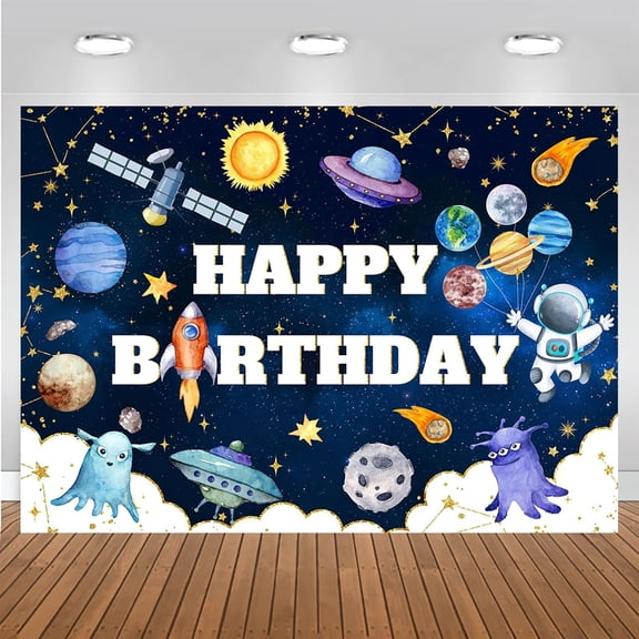 Outer Space Birthday Backdrop Universe Astronaut Rocket Stars Birthday Photography Background for Boys Galaxy Planet Happy Birthday Party Decorations Banner Supplies Photo Booth Props