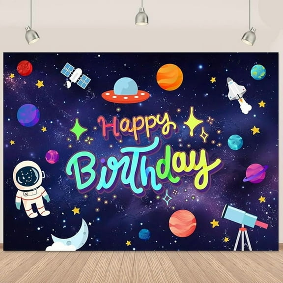 Outer Space Birthday Beautiful Backdrop Astronaut Happy Birthday Backdrop Banner for Children’s Blue Outer Space Party Decorations Background Galaxy Photography Background Banner