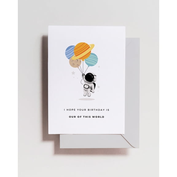 Outer Space Birthday Card Adorable Astronaut with Planet Balloons Blank Inside, Includes Envelope Perfect for Kids and Adults