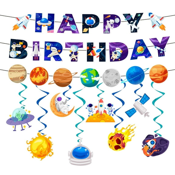 Outer Space Birthday Party Decorations Set - Space Themed Happy Birthday Banner & Solar System Hanging Swirl Decorations for Space Themed Party Decorations and Space Birthday Decorations Supplies