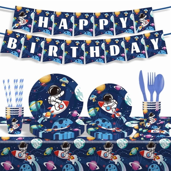 Outer Space Birthday Party Supplies Serve 20 Space Party Tableware Set, Happy Birthday Banner Tablecloth Paper Plates Cups Napkins Knives Forks Spoons for for Astronaut Theme Party Supplies