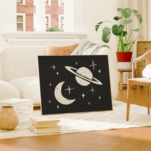 Outer Space Black Poster, Cute Stars And Planets Boho Space Wall Art Print