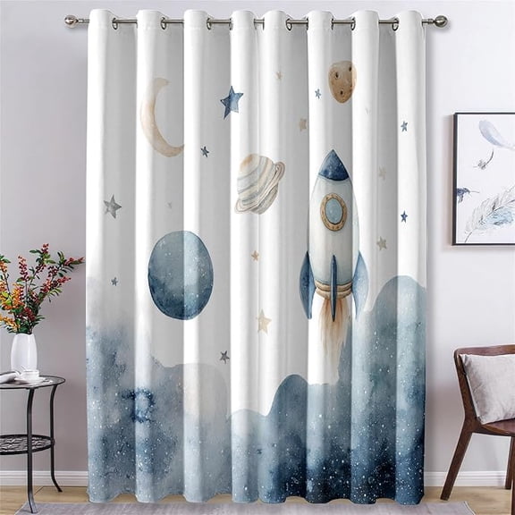 Outer Space Blackout Curtains, Moon Planet Galaxy Curtains for Bedroom Living Room, Watercolor Boys Kids Window Drapes 53"W x 63"L (Pack of 2)