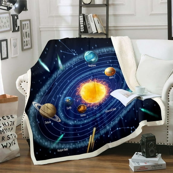 Outer Space Blanket Solar System Throw Blanket Universe Themed Fleece Blanket, Outer Space Blue Galaxy Fuzzy Blanket for Teens Space Planet Sherpa Blanket 60鈥渪80"