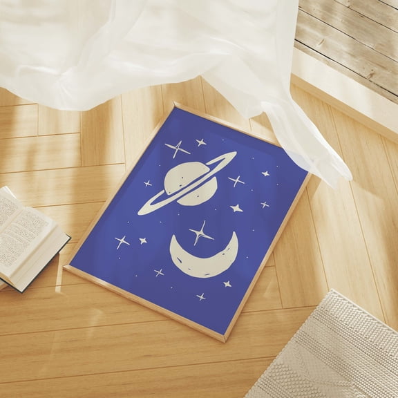 Outer Space Blue Poster, Cute Stars And Planets Boho Space Wall Art Print