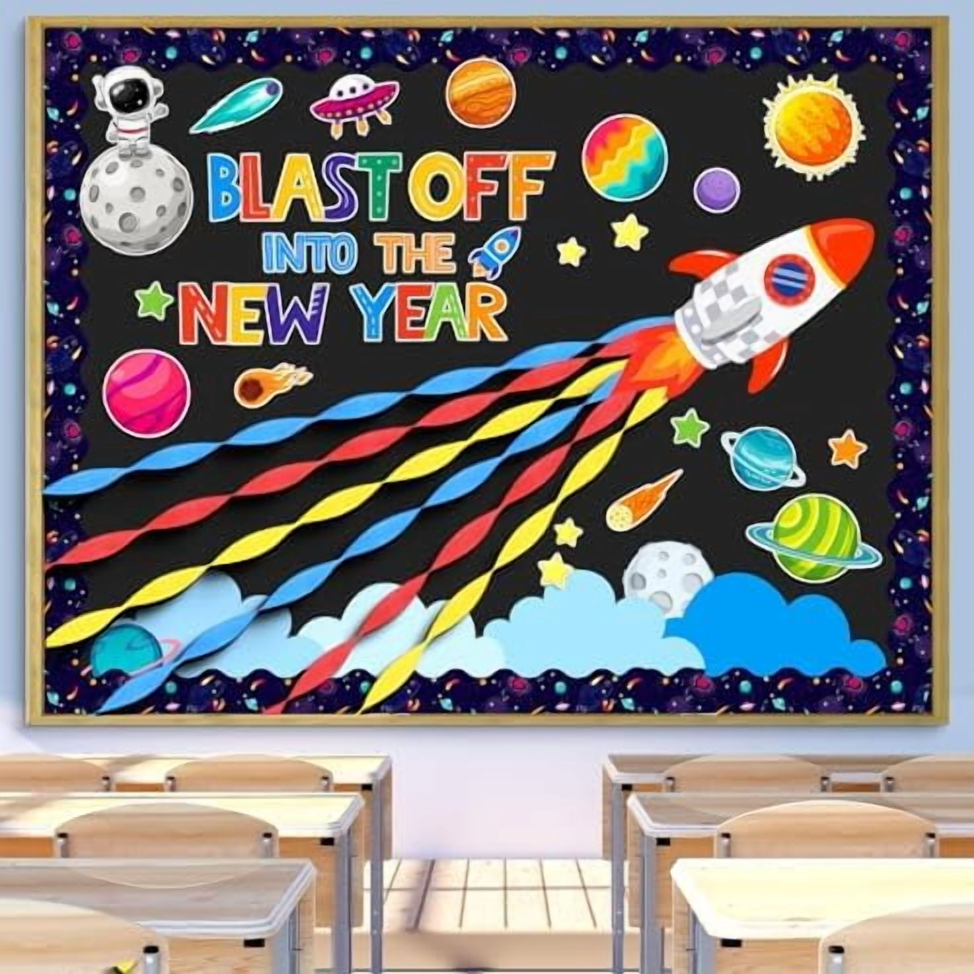 Outer Space Bulletin Board with Crepe Paper Streamers 3D Space Themed ...