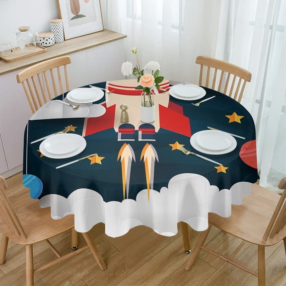 Outer Space Cartoon Cute Spaceship Rocket Round Waterproof Tablecloth Home Decorative Table Cover Party Dining Table Cloth