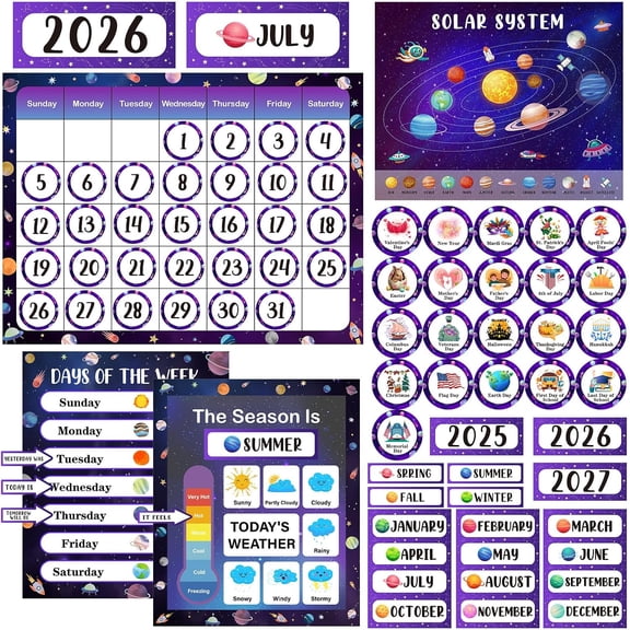 Outer Space Classroom Calendar Set Bulletin Board, 2026 Calendar for Classroom, Space Room Decor, Elementary Calendar Bulletin Board Decorations Set with Days, Weather, Festiva2026 Teacher Must Haves
