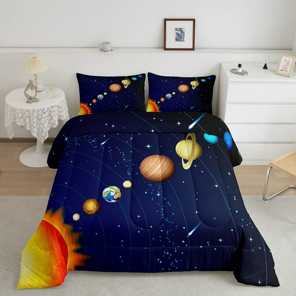Outer Space Down Comforter, Galaxy Nebula Comforter Set Full Size, Starry Sky Cosmos Bedding Set , Solar System Starry Landscape Quilted Duvet, Blue Purple