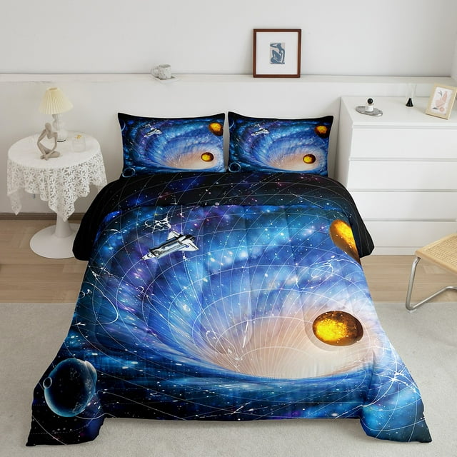 Outer Space Comforter Set Full for Boys Blue Galaxy Bedding Set, 3D
