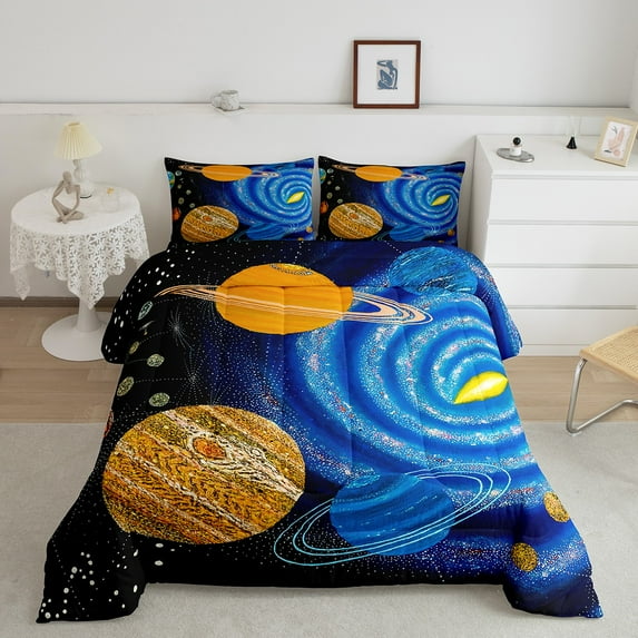 Outer Space Comforter Set King Universe Themed Bedding Purple Galaxy Bedding Comforter Sets Solar System Duvet Insert Teens Planet Print Quilt Universe Room Decor 3 Pcs