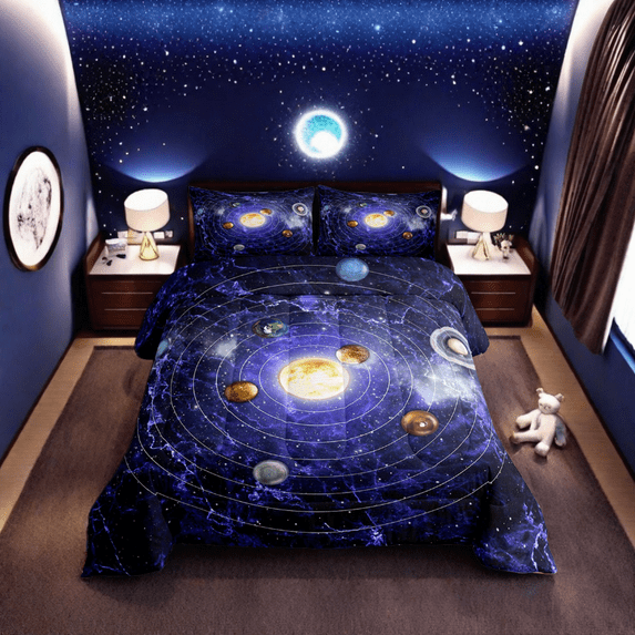 Outer Space Comforter Set King Universe Themed Bedding Set Teens Solar System Bedding Comforter Sets, Purple Galaxy Starry Sky Duvet Insert Outer Planet Print Quilt 3 Pcs