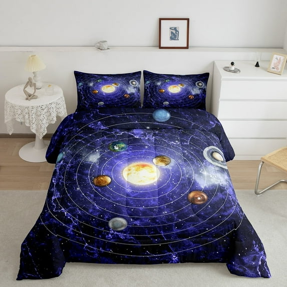Outer Space Comforter Set Queen Universe Themed Bedding Set Teens Solar System Bedding Comforter Sets, Purple Galaxy Starry Sky Duvet Insert Outer Planet Print Quilt 3 Pcs