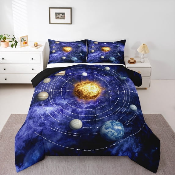 Outer Space Comforter Set Queen Universe Themed Bedding Set Teens Solar System Bedding Comforter Sets, Purple Galaxy Starry Sky Duvet Insert Outer Planet Print Quilt 3 Pcs