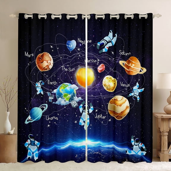 Outer Space Curtains Planet Blackout Curtains,Solar System Window Curtains Teens Blue Galaxy Starry Sky Astronaut Print Bedroom Curtains Universe Themed Curtains