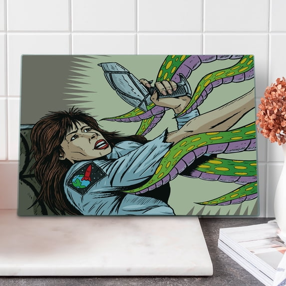 Outer Space Cutting Board, Alien Attacks Terrified Uniform Woman Human Against Monster Sci Fi Discovery, Decorative Tempered Glass Cutting and Serving Board, Large Size, Multicolor, by Ambesonne