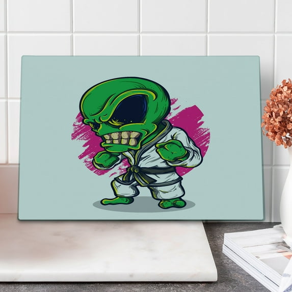 Outer Space Cutting Board, Alien Warrior Practicing Chinese Martial Art Karate Sports Theme, Decorative Tempered Glass Cutting and Serving Board, Large Size, Green Pink, by Ambesonne