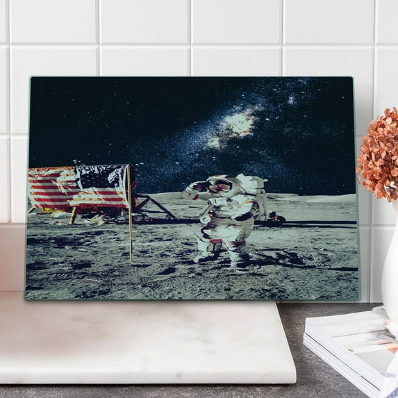 Outer Space Cutting Board, American Spaceman on the Moon Future Solar Discovery in Deep Technology View, Decorative Tempered Glass Cutting and Serving Board, Large Size, Blue Grey, by Ambesonne
