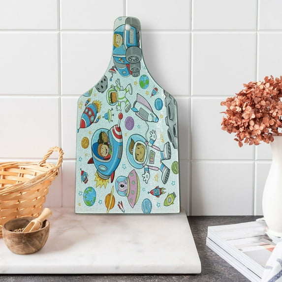 Outer Space Cutting Board, Deep Space Astronaut Girl Boy Aliens Rockets on Moon Theme, Decorative Tempered Glass Cutting and Serving Board, Wine Bottle Shape, Multicolor, by Ambesonne