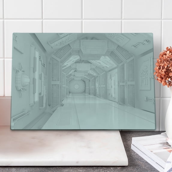 Outer Space Cutting Board, Extraterrestrial Construction to Visit Astronomical Bodies Cosmonaut Flight Theme, Decorative Tempered Glass Cutting and Serving Board, Large Size, White, by Ambesonne